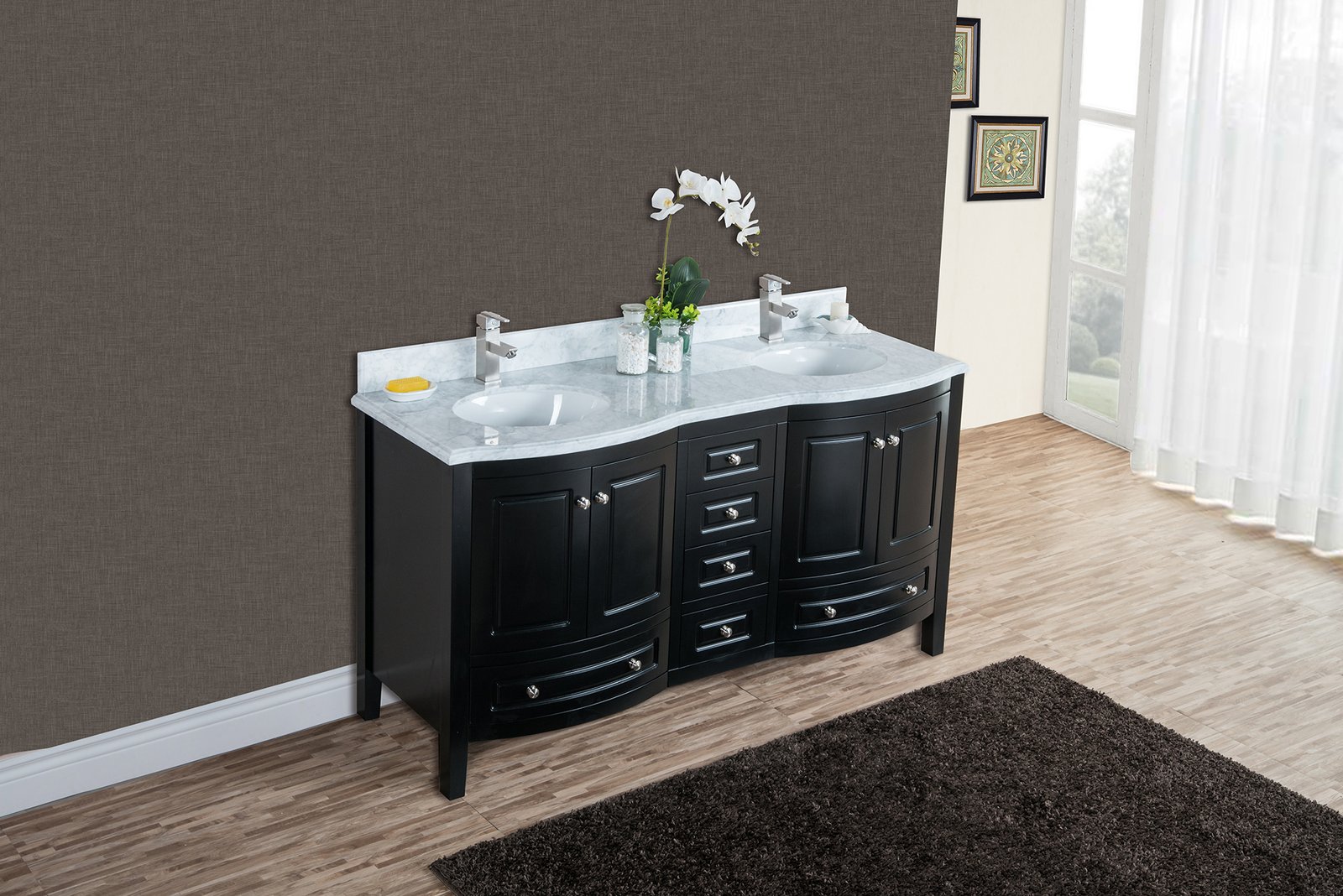 Porto Brown Vanity with Double Sink Countertop - 60 Inches