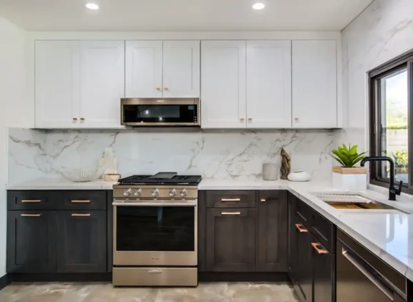 two tone Greystone Shaker with white cabinets