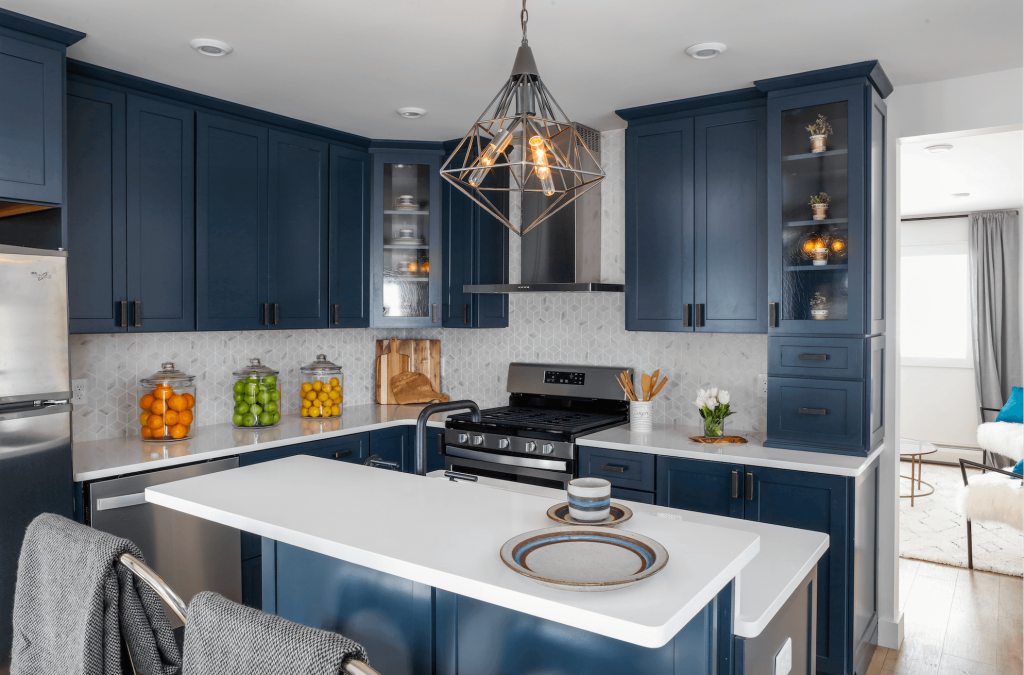 Kitchen with Blue Cabinets and Black Stainless Steel Appliances in Columbus Ohio
