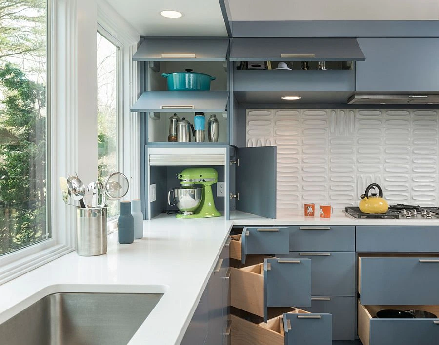 Midcentury modern kitchen with gorgeous gray cabinets for kitchen corner