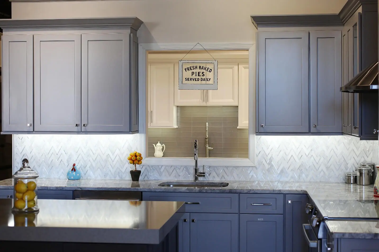 blue color recessed panel cabinets kitchen