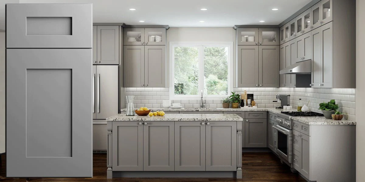 grey color recessed panel cabinets kitchen