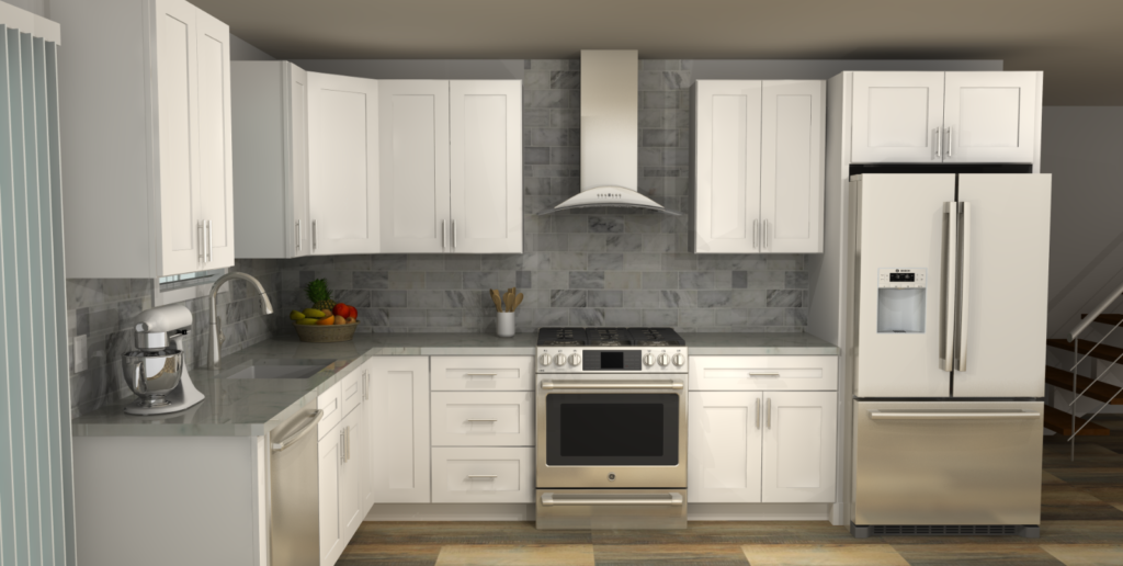 A row of white kitchen cabinets on display in a Kitchen.