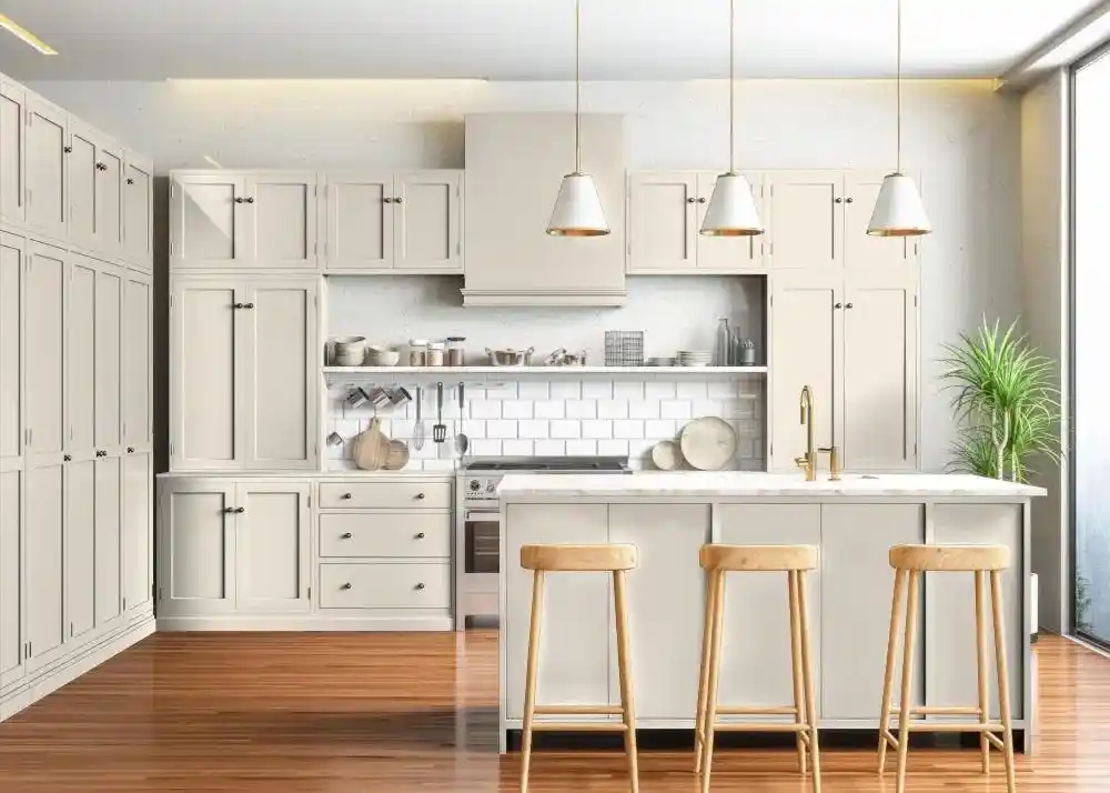 countertop of dark color with light kitchen cabinets