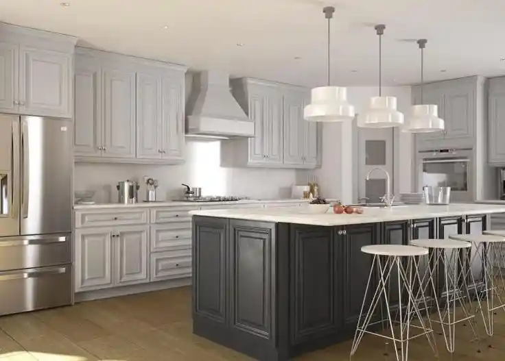 dove grey light grey kitchen cabinets with dark countertops