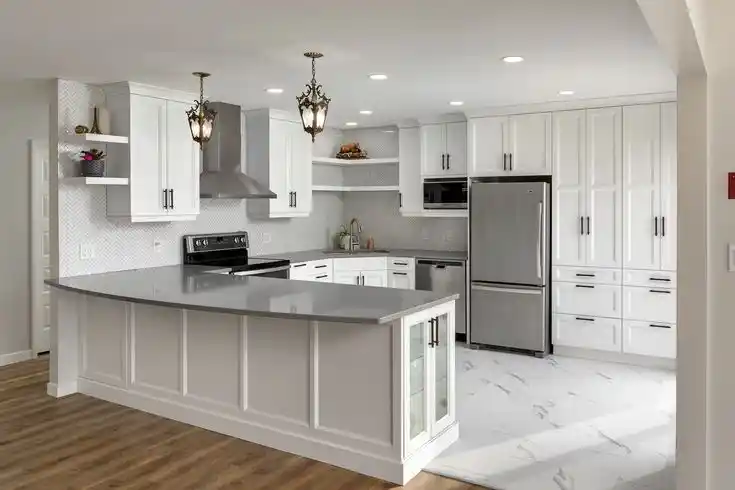 white kitchen cabinets with grey quartz countertop