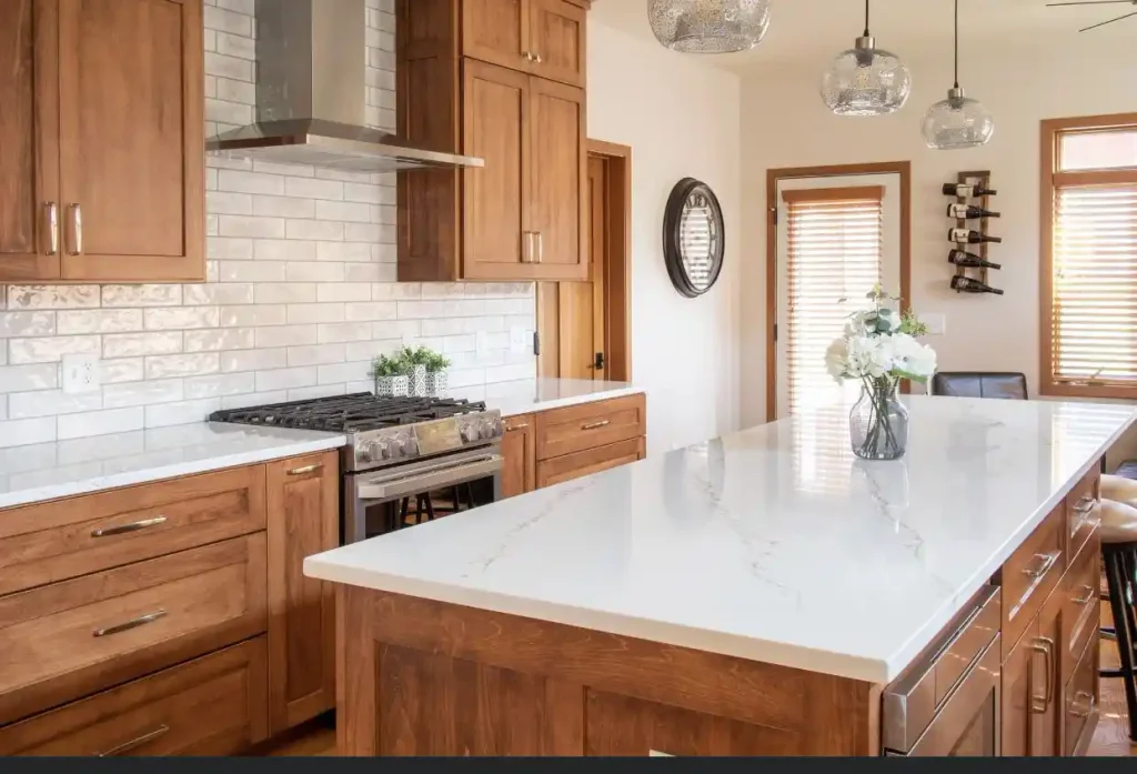 dark wood cabinets with white countertops
