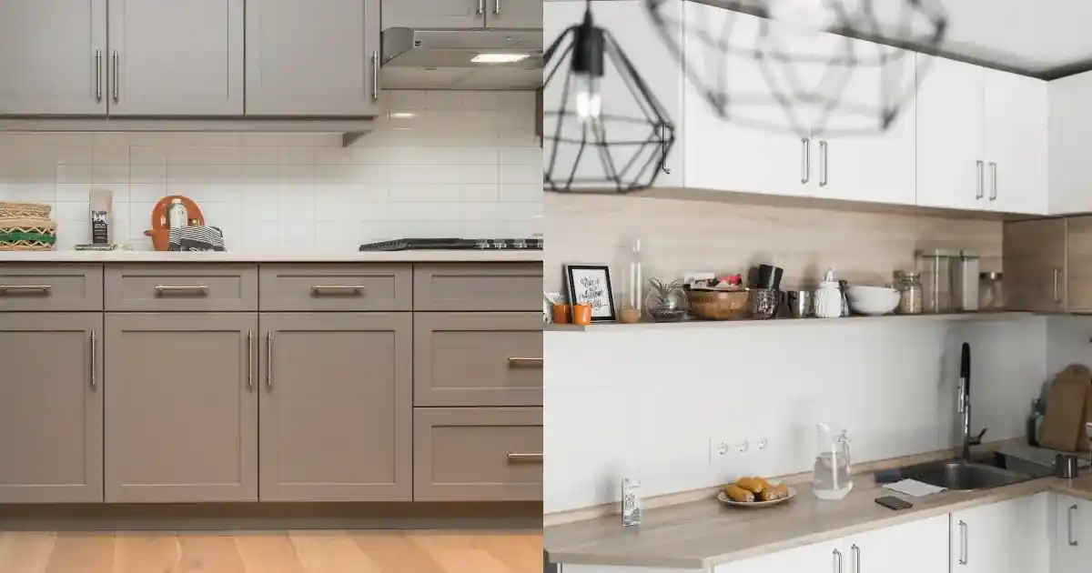 Framed Shaker kitchen cabinets compared side by side with frameless flat panel kitchen cabinets