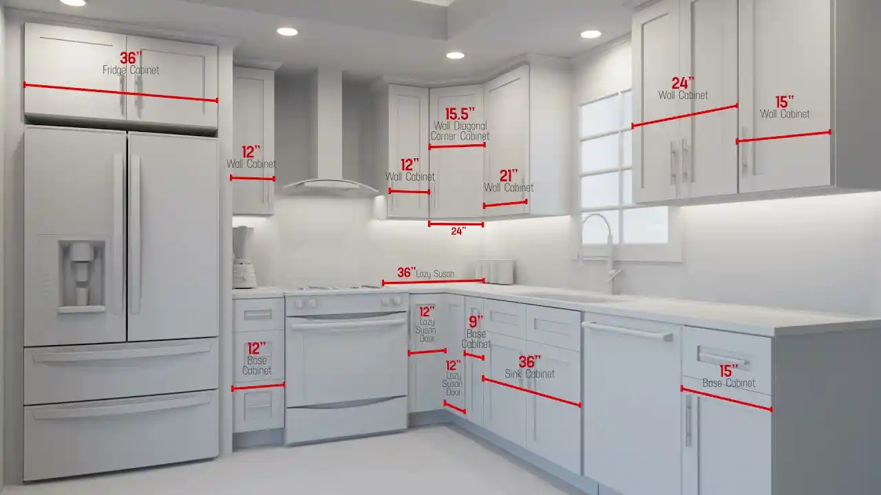 Kitchen layout showing measured widths of wall, base, sink, Lazy Susan, and corner cabinets