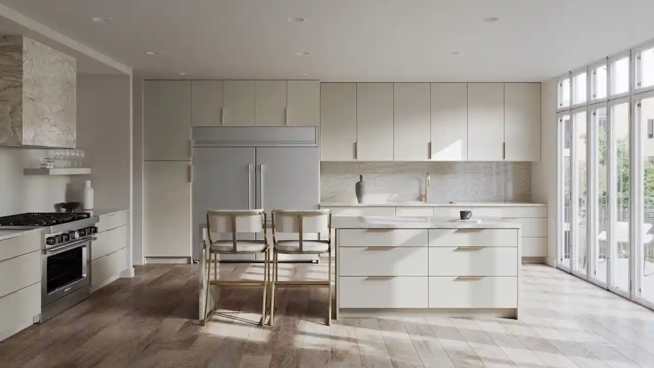 Modern kitchen with white frameless slab cabinets and minimalist hardware