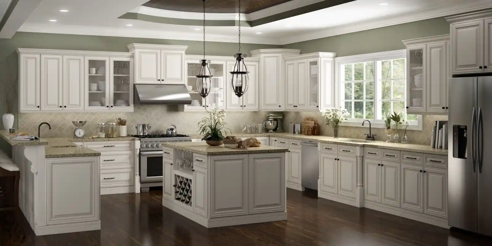 Traditional kitchen with white framed raised panel cabinets and decorative molding